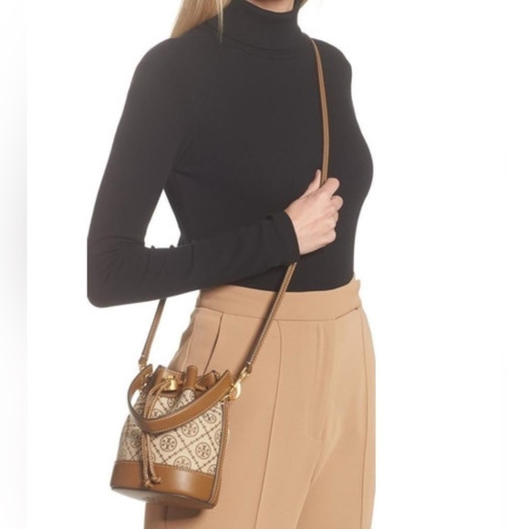NWT! NEW Tory Burch T Monogram Jacquard Mini Bucket Bag -Tan -leather trim - Picture 14 of 14